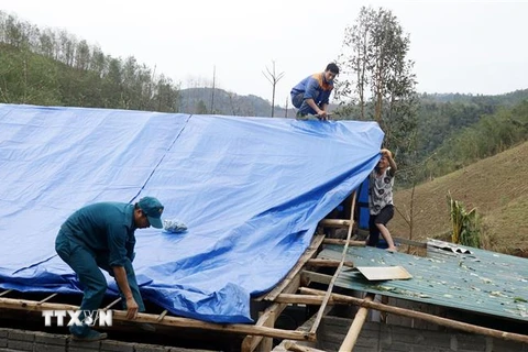 Lực lượng chức năng dựng lại nhà cho nhân dân sau cơn dông kèm mưa đá tại xã Phúc Khánh. (Ảnh: Quốc Khánh/TTXVN)