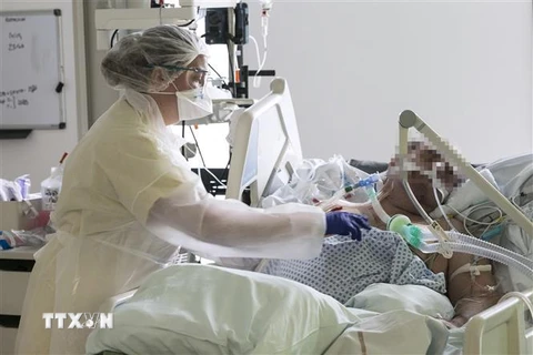 Nhân viên y tế điều trị cho bệnh nhân nhiễm COVID-19 tại bệnh viện Louis Pasteur ở Colmar, Pháp. (Ảnh: AFP/TTXVN)