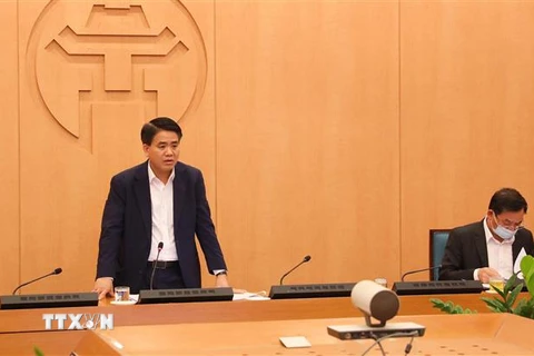 Chủ tịch Ủy ban Nhân dân thành phố Hà Nội Nguyễn Đức Chung phát biểu. (Ảnh: Lâm Khánh/TTXVN)