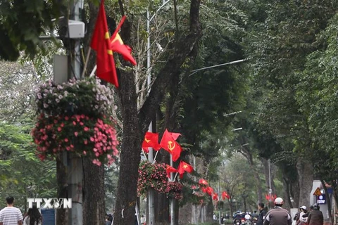 Cờ Tổ quốc, cờ Đảng được trang hoàng trên đường phố. (Ảnh: Thanh Tùng/TTXVN)