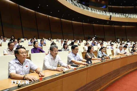 Các đại biểu Quốc hội biểu quyết thông qua Nghị quyết về Chương trình giám sát của Quốc hội năm 2021. (Ảnh: Văn Điệp/TTXVN)
