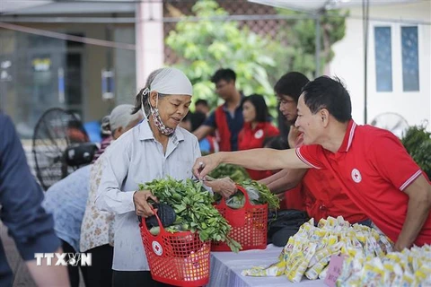 Niềm vui của người dân nghèo khi được mua sắm tại phiên chợ nhân đạo. (Ảnh: Trọng Đạt/TTXVN)