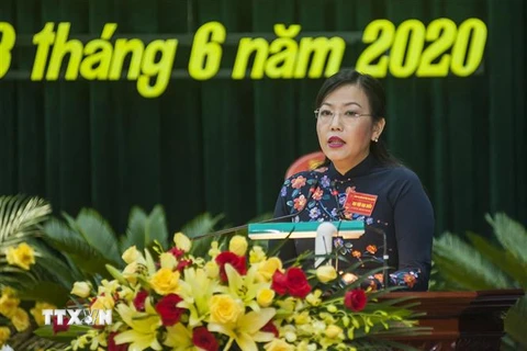 Bà Nguyễn Thanh Hải, Ủy viên Trung ương, Bí thư Tỉnh ủy Thái Nguyên phát biểu tại Đại hội. (Ảnh: Thu Hằng/TTXVN)