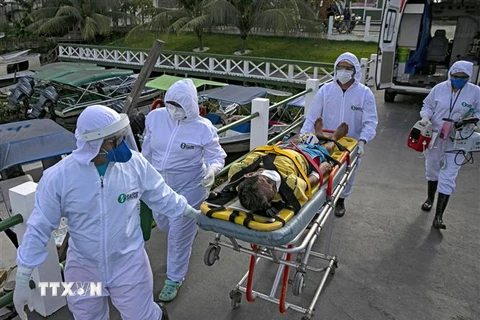 Nhân viên y tế chuyển bệnh nhân mắc COVID-19 tới bệnh viện ở Breves, Brazil. (Ảnh: AFP/TTXVN)