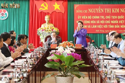 Chủ tịch Quốc hội Nguyễn Thị Kim Ngân tại buổi làm việc với lãnh đạo chủ chốt tỉnh Đắk Nông. (Ảnh: Trọng Đức/TTXVN)