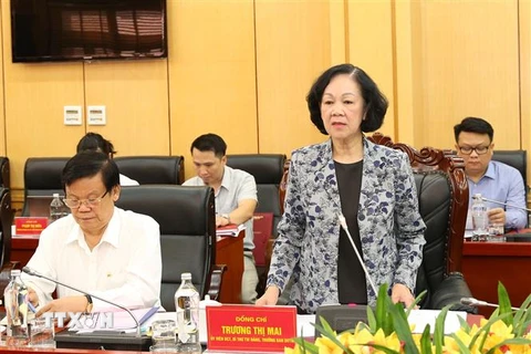 Bà Trương Thị Mai, Ủy viên Bộ Chính trị, Bí thư Trung ương Đảng, Trưởng Ban Dân vận Trung ương, Trưởng Ban Chỉ đạo phát biểu. (Ảnh: Dương Giang/TTXVN)