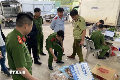 Lực lượng chức năng kiểm tra thực phẩm tại Công ty TNHH thực phẩm Khánh Huy. (Ảnh: Nguyễn Văn Việt/TTXVN)