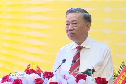 Đại tướng Tô Lâm, Ủy viên Bộ Chính trị, Bộ trưởng Bộ Công an, phát biểu tại đại hội. (Ảnh: Đinh Tuấn/TTXVN)
