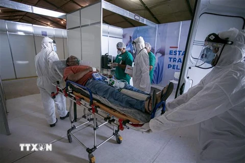 Nhân viên y tế chuyển bệnh nhân mắc COVID-19 tại một bệnh viện ở bang Para, Brazil. (Ảnh: AFP/TTXVN)