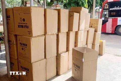 50 thùng khẩu trang y tế không rõ nguồn gốc bị Công an thị xã Buôn Hồ (Đắk Lắk) bắt giữ. (Ảnh: TTXVN phát)