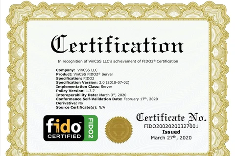 Chứng chỉ chuẩn FIDO2 cho máy chủ xác thực mạnh VinCSS FIDO2 Server. (Nguồn: Vingroup) 