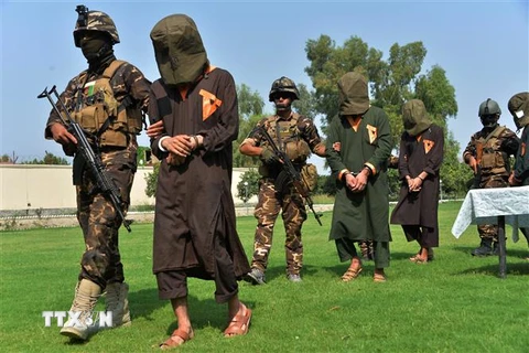 Lực lượng an ninh Afghanistan áp giải các tay súng IS và Taliban tình nghi tại tỉnh Jalalabad. (Ảnh: AFP/TTXVN)