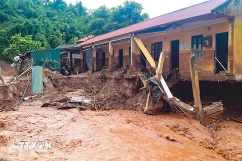 Mưa lũ gây thiệt hại tại Trường Tiểu học Nậm Nhừ, huyện Nậm Pồ, Điện Biên. (Ảnh: Xuân Tư/TTXVN)