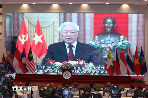 Tổng Bí thư, Chủ tịch nước Nguyễn Phú Trọng phát biểu chào mừng trực tuyến đến đại hội. (Ảnh: TTXVN)