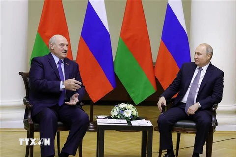 Tổng thống Nga Vladimir Putin (phải) và Tổng thống Belarus Alexander Lukashenko (trái) trong cuộc gặp ở Saint Petersburg, Nga, ngày 18/7/2019. (Ảnh: AFP/TTXVN)