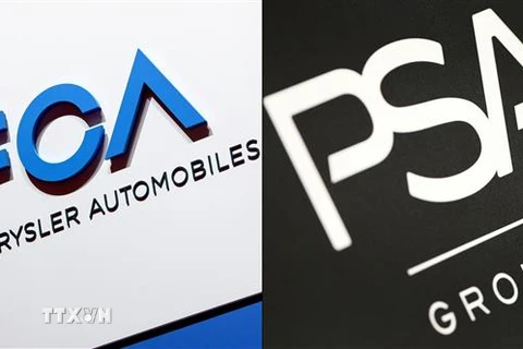 Biểu tượng hãng liên doanh sản xuất ôtô giữa Mỹ và Italy FCA (trái) và tập đoàn sản xuất ôtô PSA của Pháp (phải). (Ảnh: AFP/TTXVN)