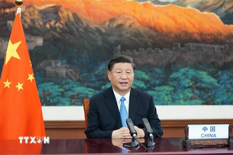 Chủ tịch Trung Quốc Tập Cận Bình phát biểu trực tuyến tại Phiên thảo luận chung cấp cao của Đại Hội đồng Liên hợp quốc khóa 75. (Ảnh: THX/TTXVN)