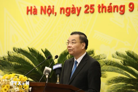 Phó Bí thư Thành ủy Hà Nội Chu Ngọc Anh phát biểu. (Ảnh: Văn Điệp/TTXVN)