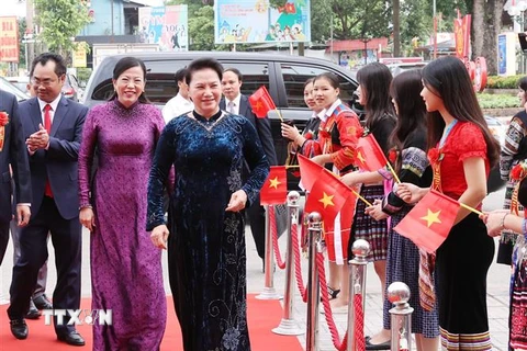 Chủ tịch Quốc hội Nguyễn Thị Kim Ngân dự Đại hội Thi đua yêu nước tỉnh Thái Nguyên lần thứ 5. (Ảnh: Trọng Đức/TTXVN)