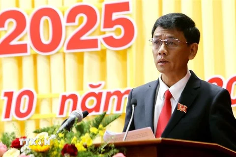 Ông Lâm Văn Mẫn, Bí thư Tỉnh ủy Sóc Trăng nhiệm kỳ 2020-2025, phát biểu tại Đại hội. (Ảnh: Trung Hiếu/TTXVN)