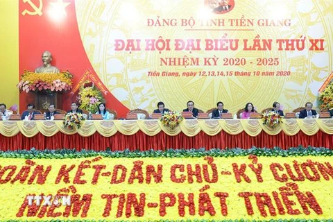 Quang cảnh Đại hội đại biểu Đảng bộ tỉnh Tiền Giang lần thứ XI, nhiệm kỳ 2020-2025. (Ảnh: Hữu Chí/TTXVN)
