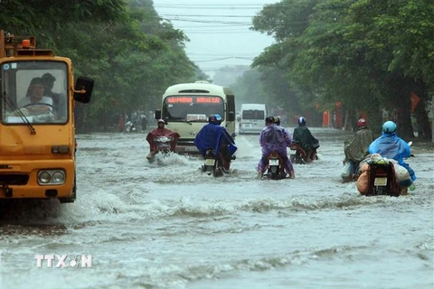 Tuyến đường Hùng Vương, quận Hồng Bàng, Hải Phòng bị ngập sâu. (Ảnh: An Đăng/TTXVN)