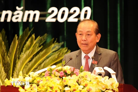 Ủy viên Bộ Chính trị, Phó Thủ tướng Thường trực Chính phủ Trương Hòa Bình phát biểu chỉ đạo Đại hội. (Ảnh: TTXVN phát)