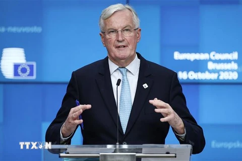 Trưởng đoàn đàm phán Brexit của Liên minh châu Âu (EU) Michel Barnier trong cuộc họp báo tại Hội nghị thượng đỉnh EU ở Brussels. (Ảnh: AFP/TTXVN)