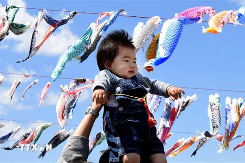 Một ông bố cho con chơi đùa dưới cờ cá chép treo bên bờ sông ở Sagamihara, ngoại ô Tokyo, Nhật Bản. (Ảnh: AFP/TTXVN)