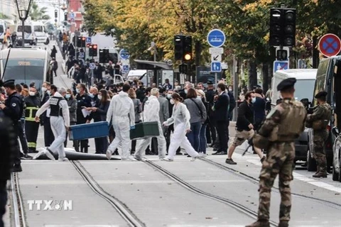 Cảnh sát phong tỏa hiện trường vụ tấn công bằng dao ở thành phố Nice, Pháp ngày 29/10. (Ảnh: AFP/TTXVN)