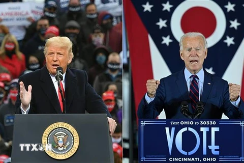 Tổng thống Mỹ Donald Trump (trái) phát biểu trong cuộc vận động tranh cử tại bang New Hampshire ngày 25/10 và ứng cử viên Tổng thống Mỹ của đảng Dân chủ Joe Biden (phải) phát biểu trong cuộc vận động tranh cử tại bang Ohio ngày 12/10. (Ảnh: AFP/TTXVN)