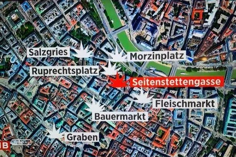 Sáu địa điểm diễn ra tấn công khủng bố gồm: Salzgries, Morzinplaz, Seitenstattengasse. Fleischmarkt, Bauernmarkt và Graben. (Nguồn: ORF)