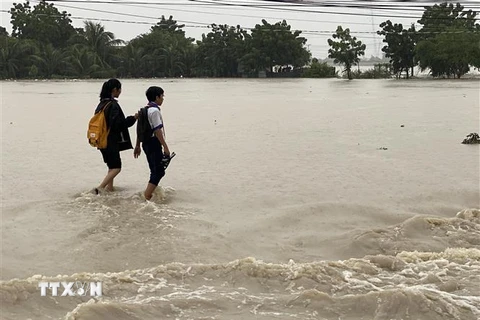 Nước lũ dâng lên đường liên xã nối Phước Nam và Phước Dinh, huyện Thuận Nam. (Ảnh: Công Thử/TTXVN)