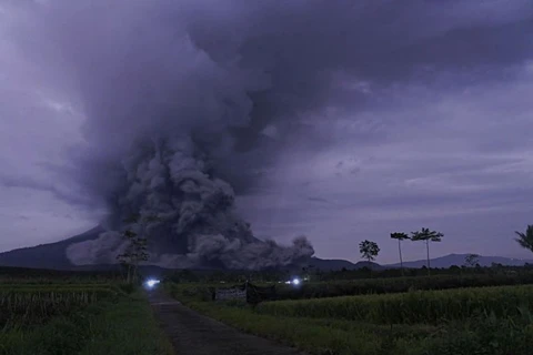 Núi lửa Semeru phun trào dung nham nóng chảy vào sáng 1/12. (Nguồn: Reuters)