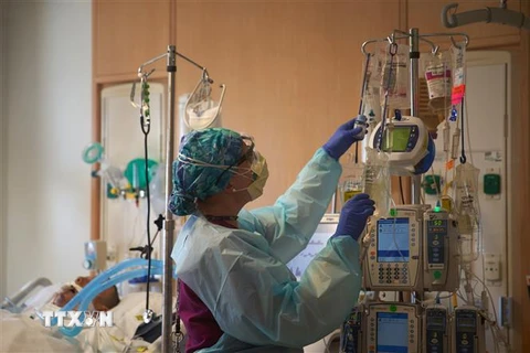 Nhân viên y tế điều trị cho bệnh nhân mắc COVID-19 tại một bệnh viện ở Worcester, bang Massachusetts, Mỹ. (Ảnh: AFP/TTXVN)