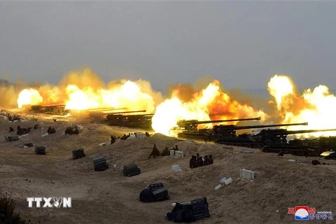 Một cuộc diễn tập pháo binh của quân đội Triều Tiên. (Ảnh: AFP/TTXVN)