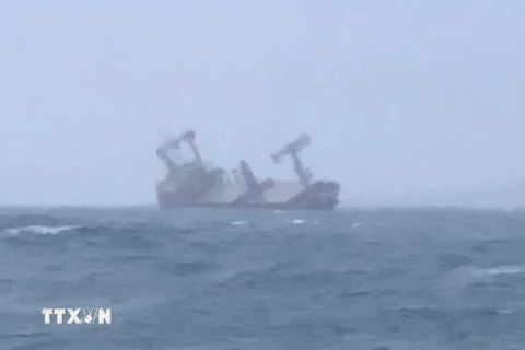 Tàu Panama bị nghiêng và chìm gần đảo Phú Quý (Bình Thuận). (Ảnh TTXVN phát)
