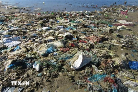 Rác thải khó phân hủy ken dày trên bãi biển Đông Hải, thành phố Phan Rang-Tháp Chàm. (Ảnh: Nguyễn Thành/TTXVN)