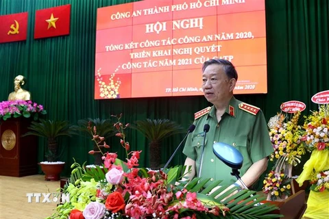 Đại tướng Tô Lâm, Bộ trưởng Bộ Công an phát biểu chỉ đạo hội nghị. (Ảnh: Thành Chung/TTXVN)