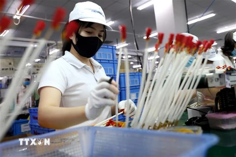 Dây chuyền sản xuất, lắp ráp linh kiện cho bếp gas của Công ty TNHH Paloma Việt Nam tại khu công nghiệp, đô thị VSIP Hải Phòng. (Ảnh: Danh Lam/TTXVN)