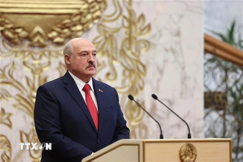 Tổng thống Belarus Alexander Lukashenko phát biểu tại một sự kiện ở Minsk. (Ảnh: AFP/TTXVN)