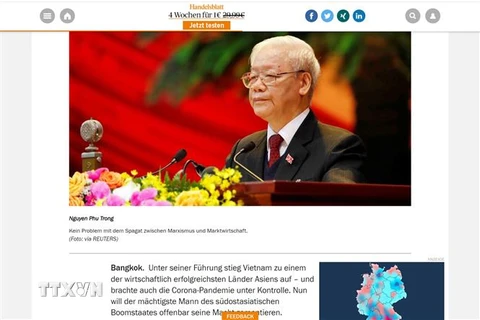Báo Handelsblatt (Thương mại) đăng bài viết ca ngợi thành tích chống dịch COVID-19 và phát triển kinh tế của Việt Nam. (Ảnh: Mạnh Hùng/TTXVN)