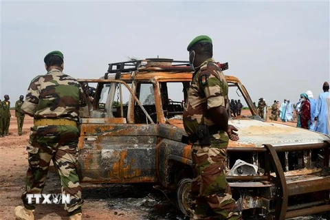 Binh sỹ Niger điều tra tại hiện trường một vụ đánh bom xe ở Kouré Reserve, Niger. (Ảnh: AFP/TTXVN)