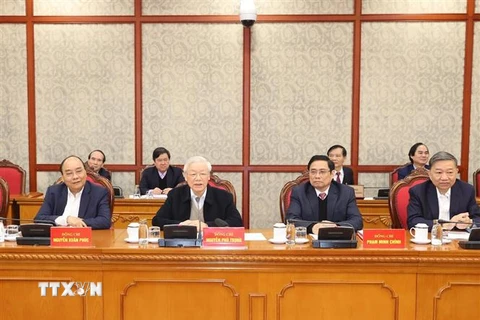 Tổng Bí thư, Chủ tịch nước Nguyễn Phú Trọng phát biểu kết luận phiên họp. (Ảnh: Trí Dũng/TTXVN)