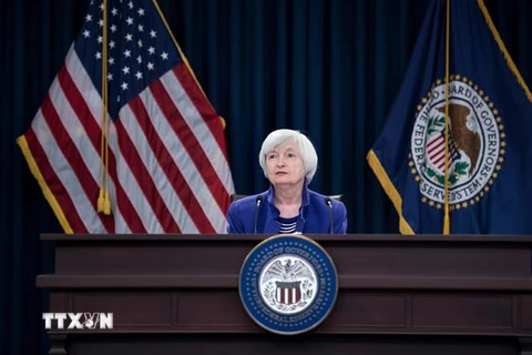 Bộ trưởng Tài chính Mỹ Janet Yellen phát biểu tại một cuộc họp báo ở Washington, DC, Mỹ. (Ảnh: AFP/TTXVN)