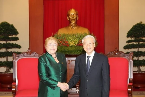 Tổng Bí thư Nguyễn Phú Trọng tiếp Tổng thống Cộng hòa Chile Michelle Bachelet Jeria thăm cấp Nhà nước tới Việt Nam năm 2017. (Ảnh: Trí Dũng/TTXVN)