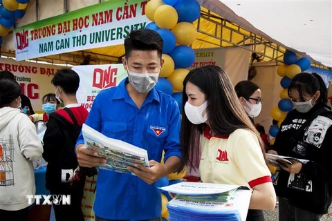 Học sinh Trung học phổ thông tìm hiểu chương trình tuyển sinh của các trường cao đẳng, đại học. (Ảnh: Hồng Đạt/TTXVN)