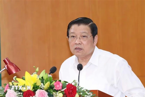 Ông Phan Đình Trạc, Ủy viên Bộ Chính trị, Bí thư Trung ương Đảng, Trưởng Ban Nội chính Trung ương, phát biểu kết luận Hội nghị. (Ảnh: Phương Hoa/TTXVN)