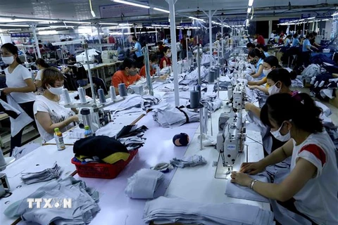 Dây chuyền may sản phẩm quần áo bảo hộ lao động xuất khẩu sang thị trường Nhật Bản. (Ảnh: Vũ Sinh/TTXVN)