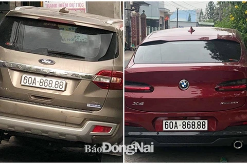 Hai chiếc xe có cùng biển số xuất hiện tại huyện Nhơn Trạch, Đồng Nai. (Nguồn: Báo Đồng Nai)